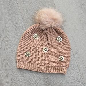 Express Hat Pom Beanie Pink Tan Blush Floral Embellished Bling One Size